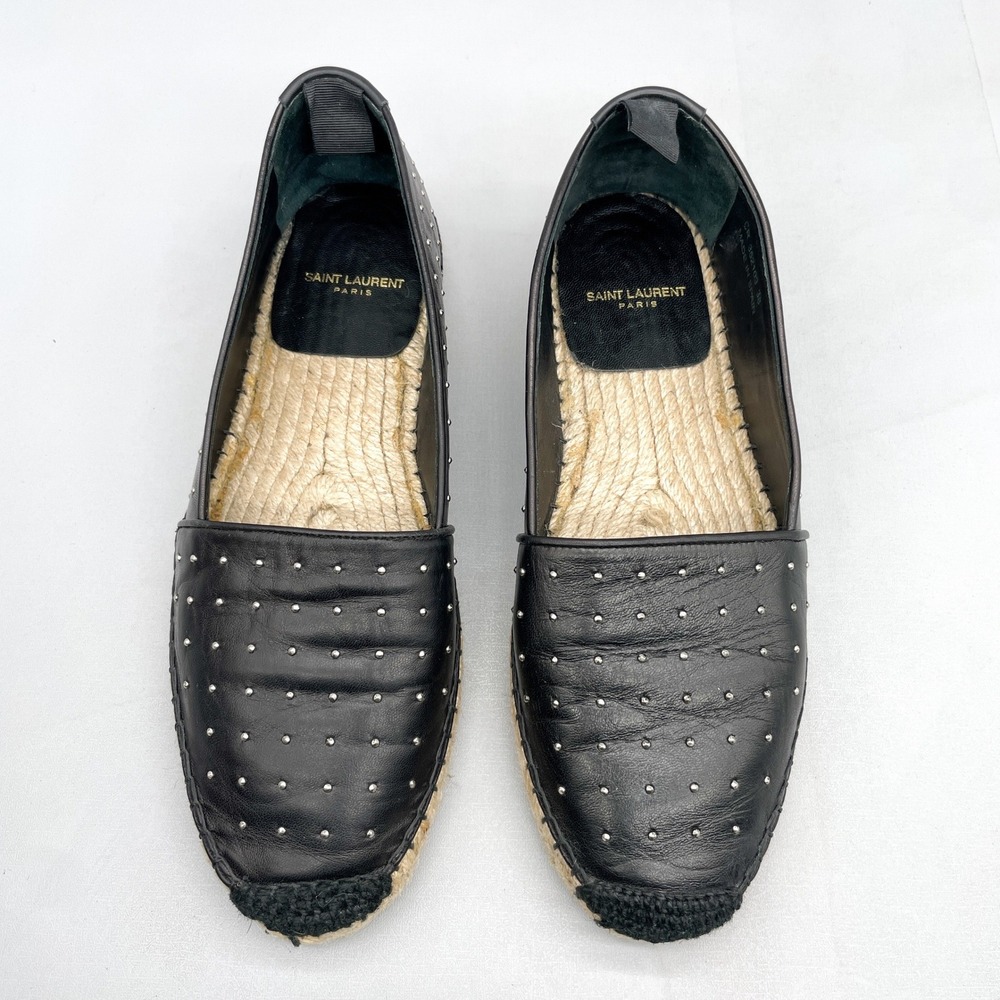 Saint Laurent Womens 38 8 Black Studded Leather Espadrilles Flats Jute Resort